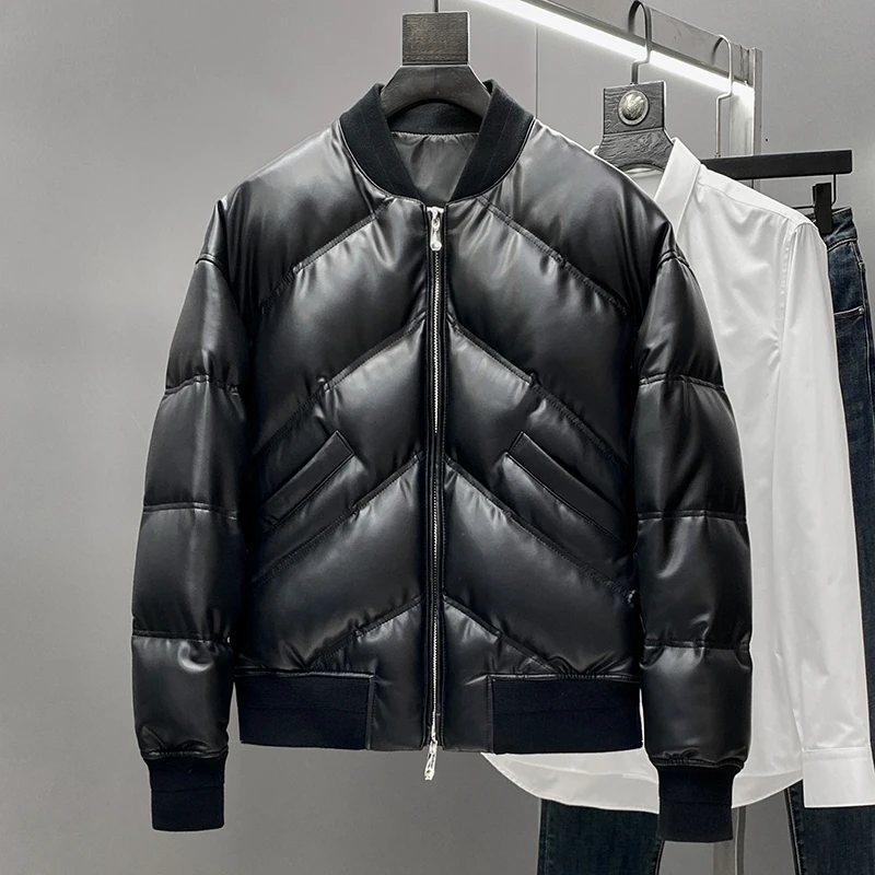 柜上5W+進口小羊皮鹅绒服皮衣男款保暖时尚真皮外套纯色