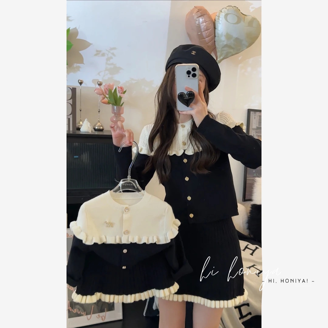 现【公主早茶】Hihoniya~2023黑白拼接小香风亲子套装韩版亲子装
