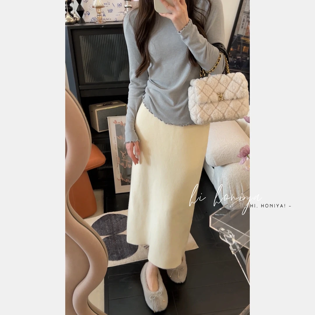 【杏仁】Hihoniya~2023秋冬新品纯色百搭显瘦半身裙