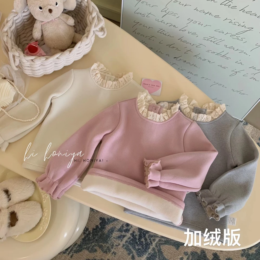 现【花苞打底】Hihoniya~2023新品纯色花边领纽扣宝宝打底衫韩版