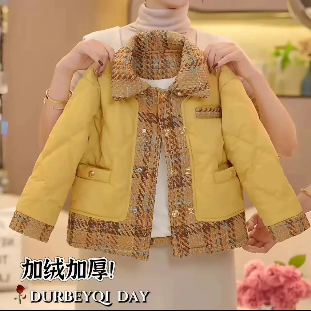 女童冬季加绒夹棉韩版上衣2024新款中大童小香风休闲保暖棉衣外套