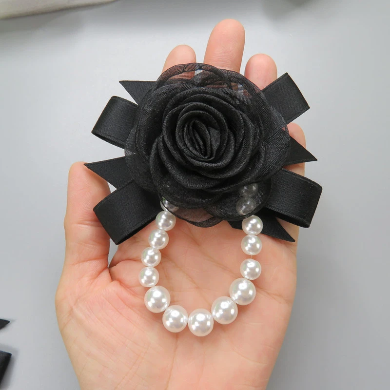 合金布艺胸针 精致胸花黑色织带蝴蝶结绢纱布料玫瑰花珍珠胸针女