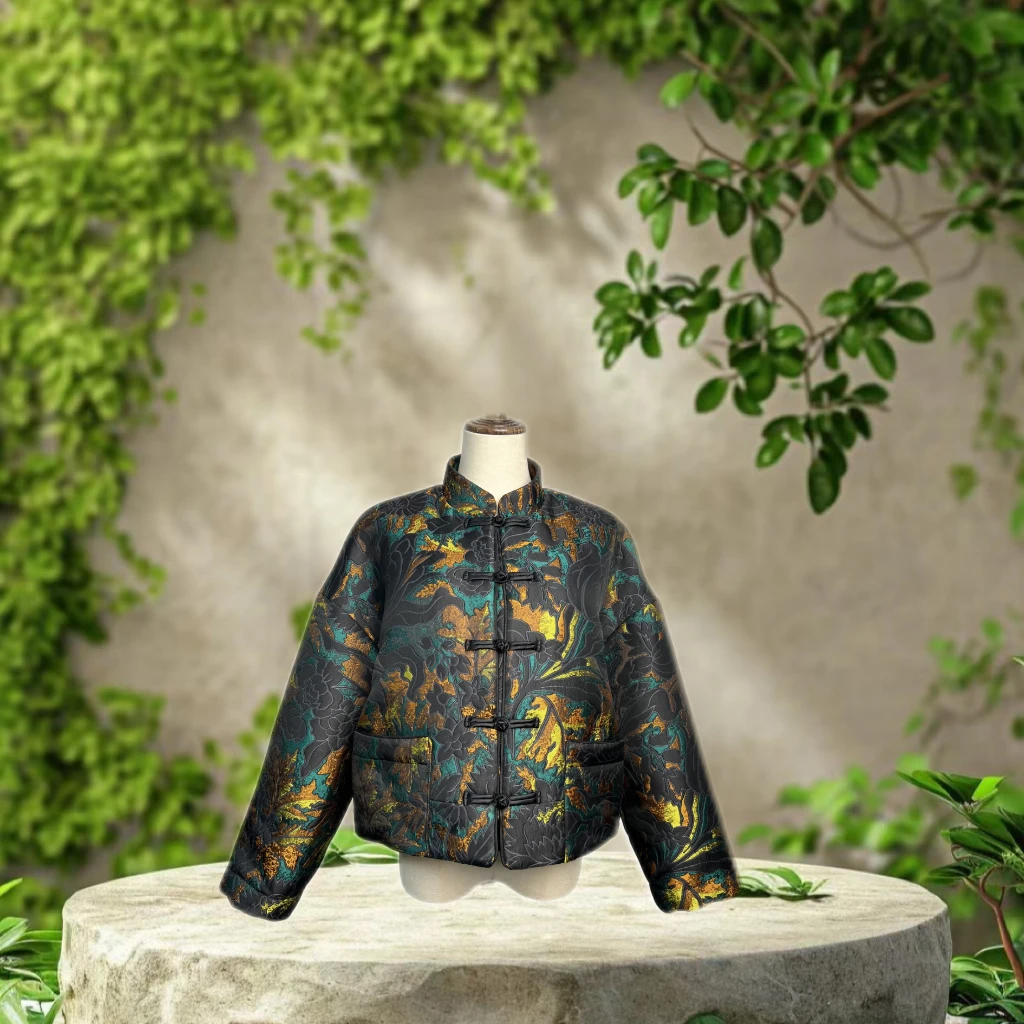 红熹潮(HXC078彩色）秋冬新款新中式复古中国风设计师拼接提花棉服