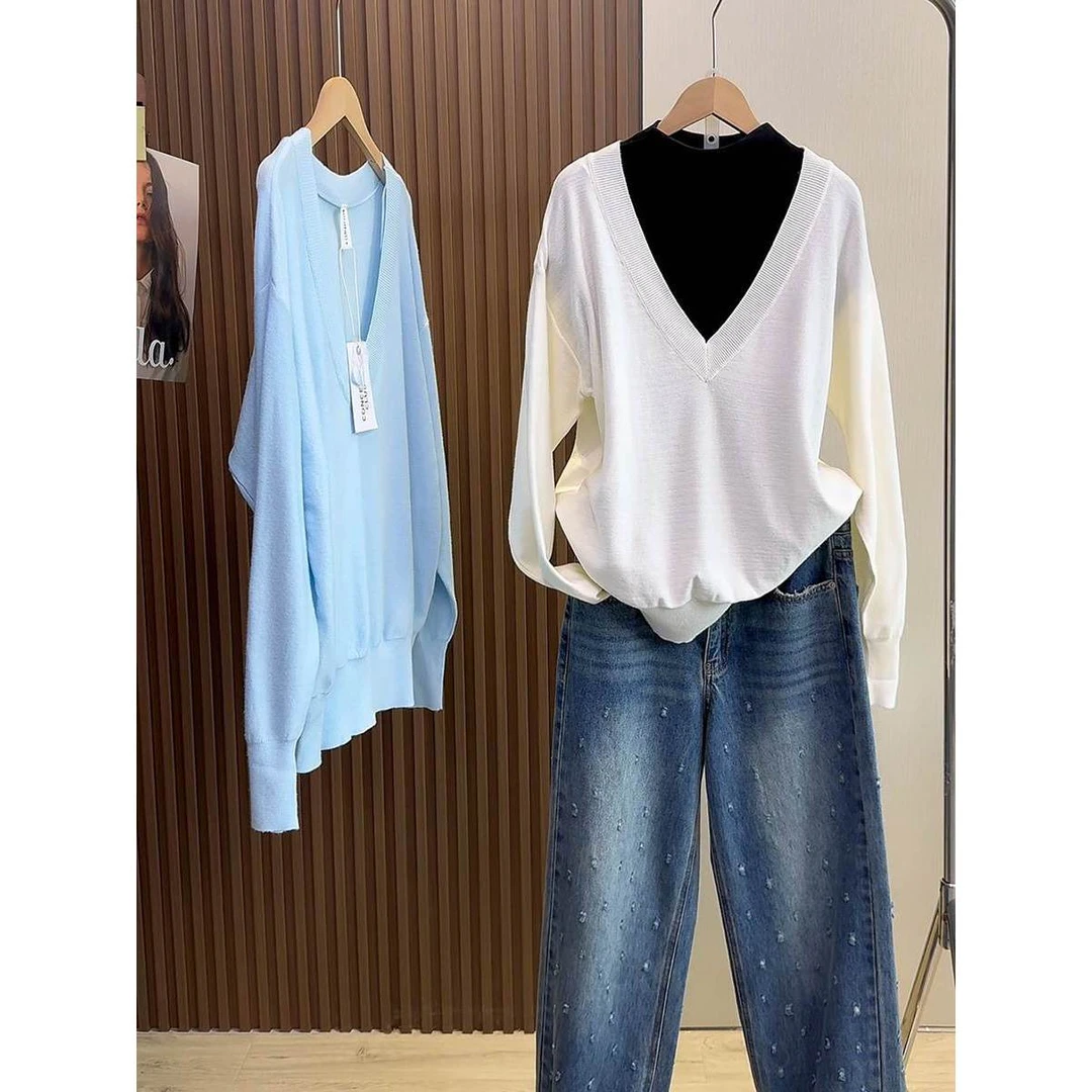 秋季2024年新款小众设计感大V领长袖内搭外穿毛衣针织打底衫