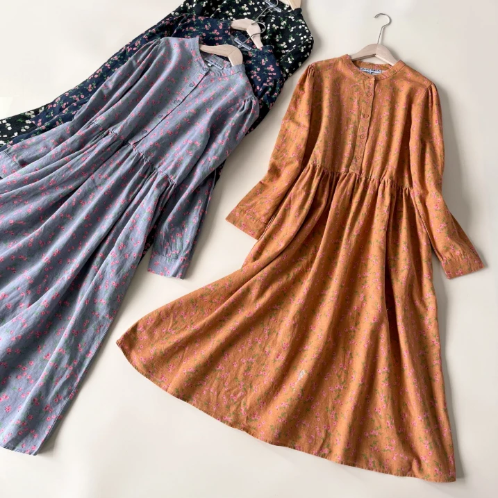 美单 水洗棉麻日系圆领碎花中长款连衣裙春秋长袖休闲时尚甜美