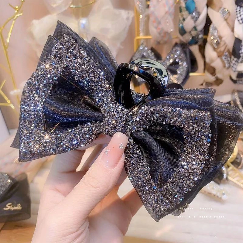 非金属布艺发饰 网纱水钻蝴蝶结抓夹女后脑勺盘发抓气质在逃公主