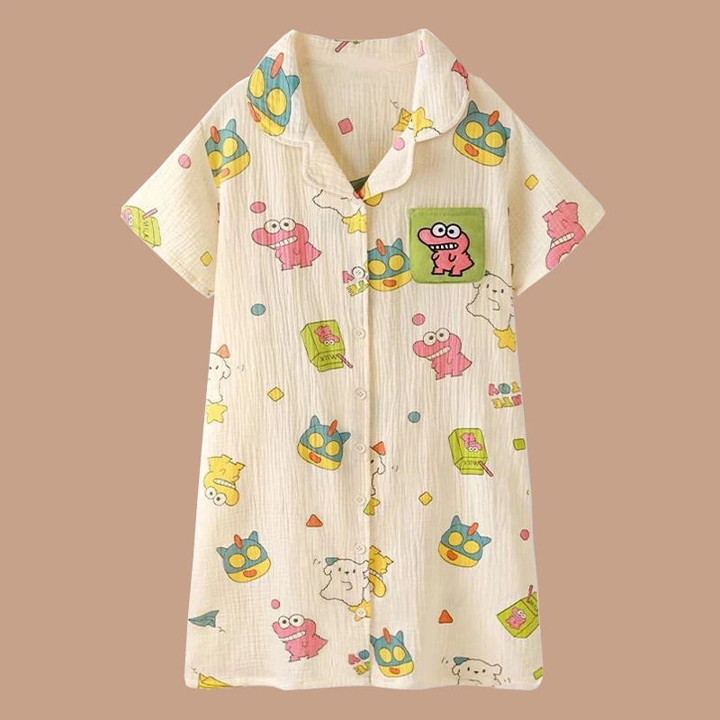 新款俏皮小鳄鱼睡衣卡通少女休闲风夏款甜美夏季短袖女睡裙家居服