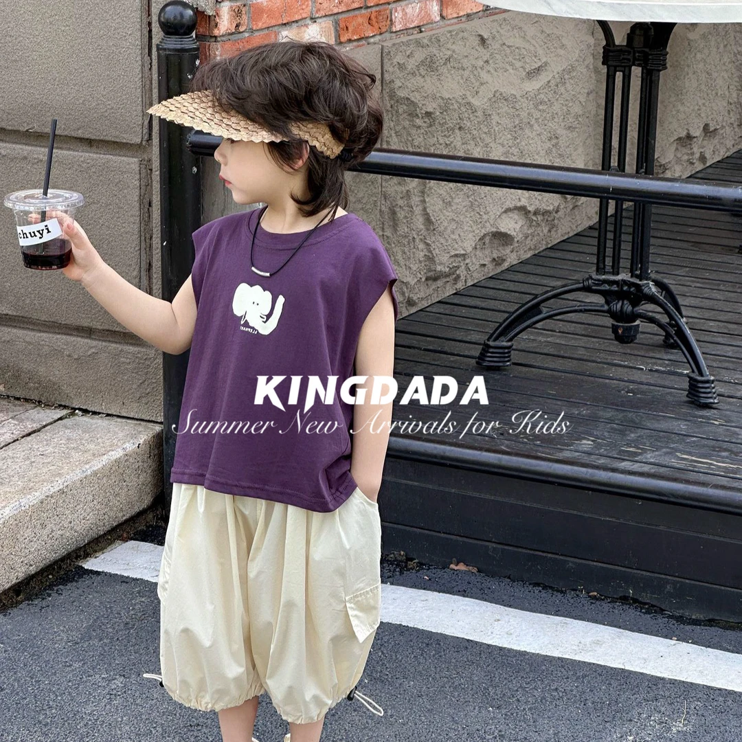 纯棉背心男童夏装2025新款儿童夏季薄款小象上衣男孩帅气无袖T恤