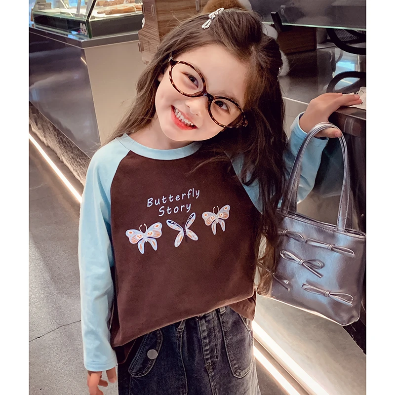 儿童插肩袖撞色上衣女孩百搭打底衫女童长袖T恤秋装2025新款洋气