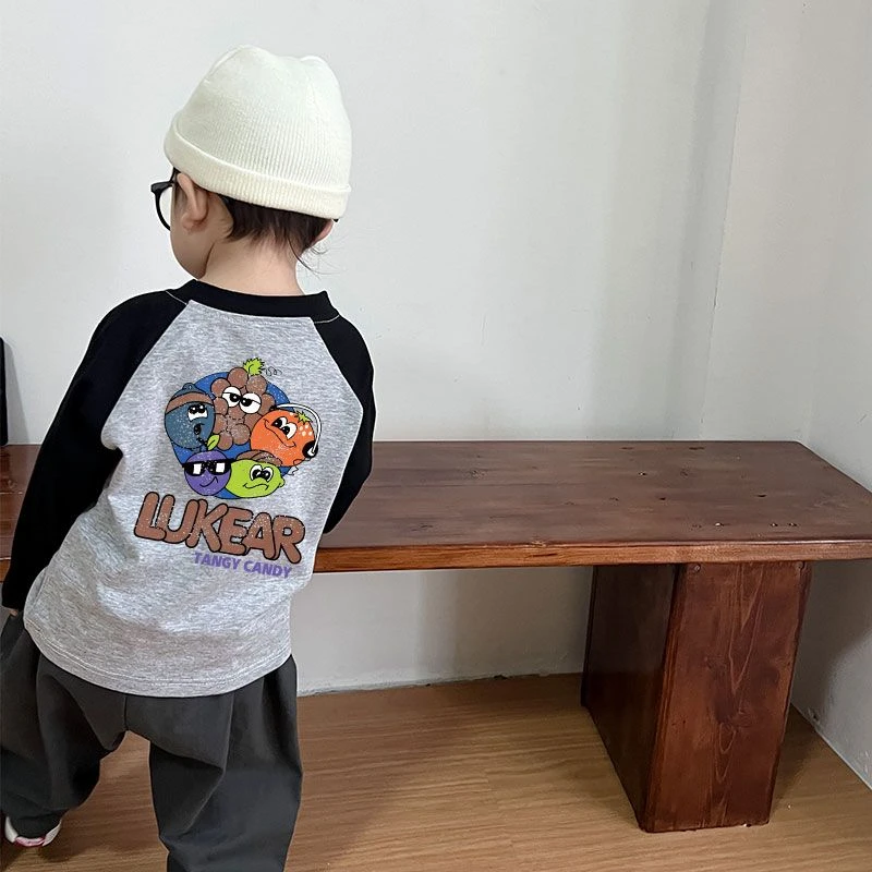 秋款纯棉上衣儿童长袖T恤男童秋装女童卡通插肩袖宝宝打底衫童装