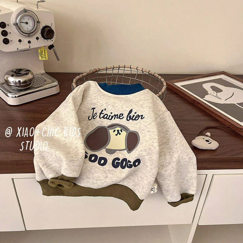 秋冬加绒卫衣儿童新款冬季百搭卡通印花圆领套头男童女童内搭上衣