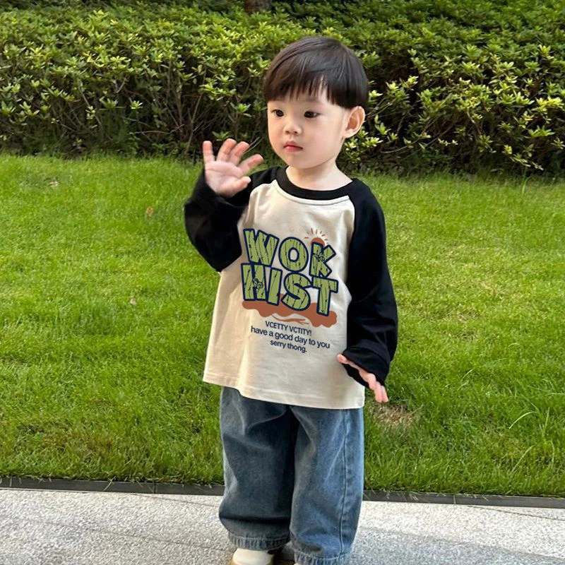 儿童春秋纯棉长袖T恤韩范儿童新款春秋宽松男童拼接袖撞色上衣