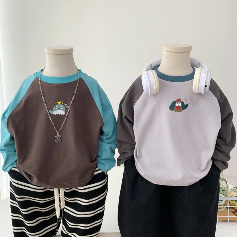 男童圆领洋气插肩袖儿童纯棉T恤春秋打底衫柔软中童拼色长袖上衣