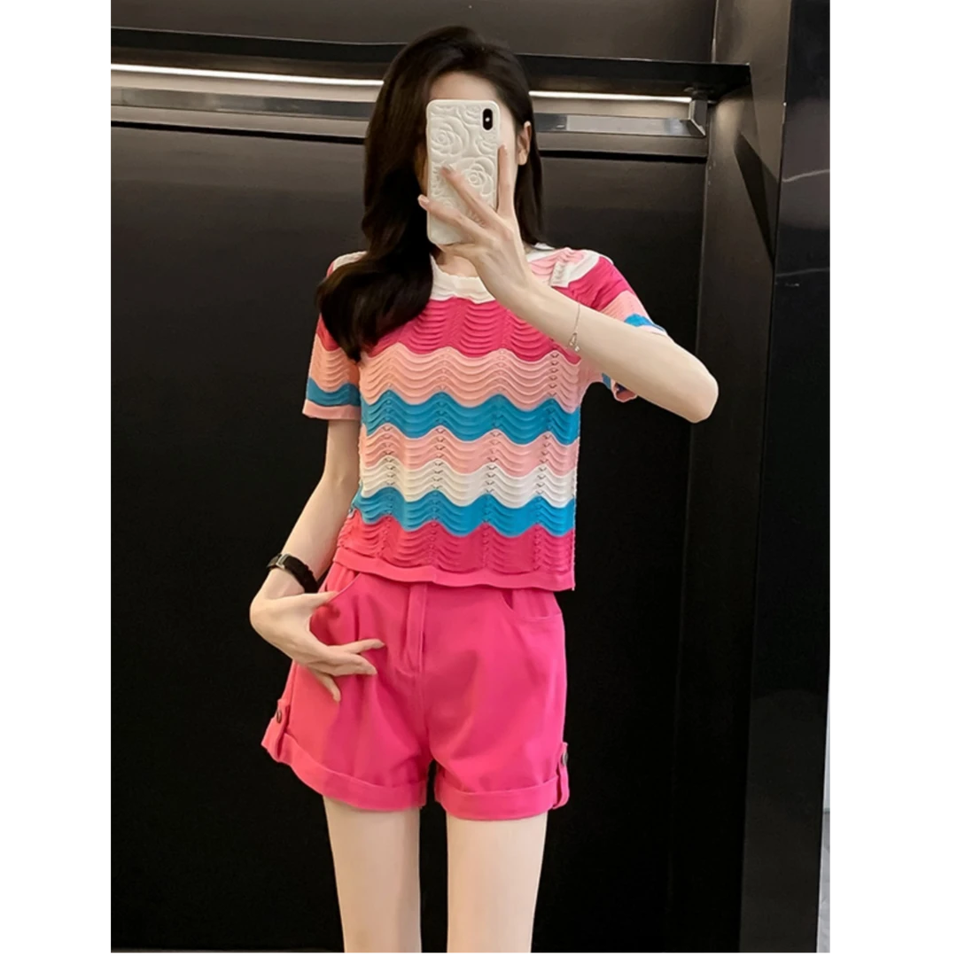 撞色圆领毛针织衫短袖女夏季薄款休闲宽松提花短款多巴胺减龄上衣