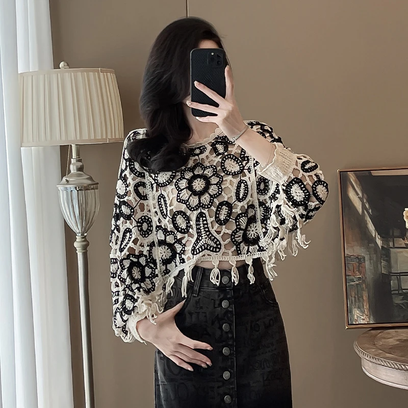 设计感宽松镂空长袖针织罩衫女2024早春秋新款流苏上衣气质小衫潮