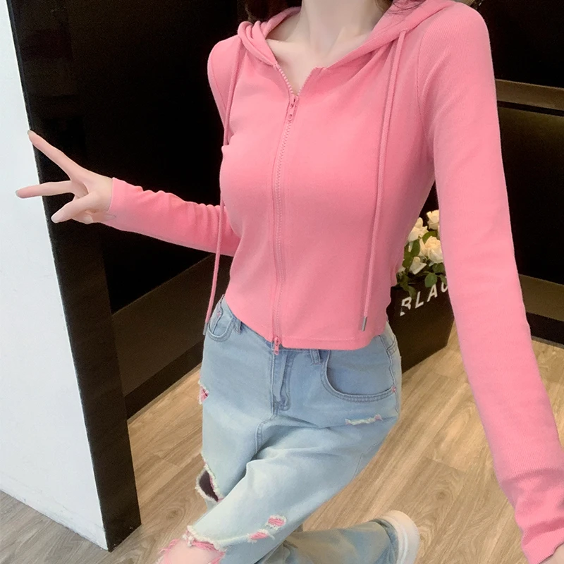 设计感双头拉链抽绳连帽开衫女2024早秋新款显瘦修身短款卫衣外套