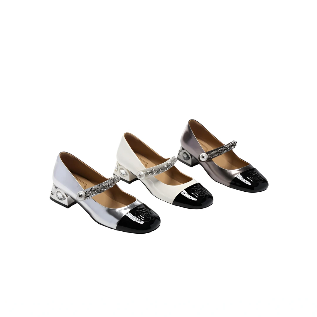 【大牌孤品】山茶花玛丽珍款珠珠链条珍珠单女鞋浅口包头凉鞋GR2050