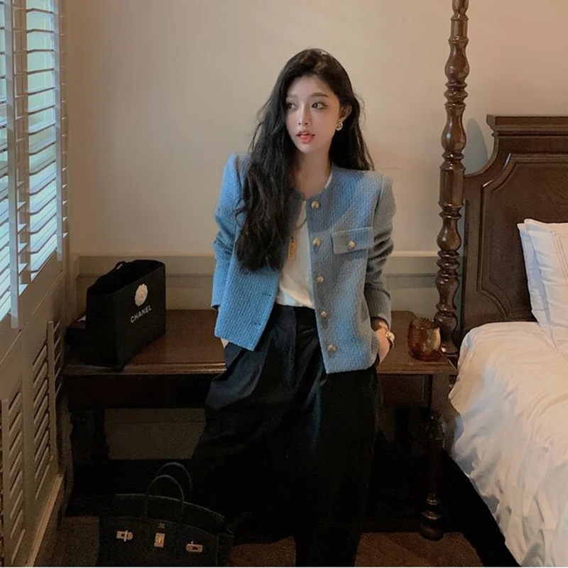 蓝色小香风外套女长袖上衣短款名媛气质时尚百搭新款女士外套秋装