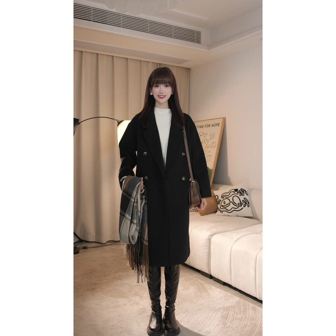 2024秋冬新款四粒扣双面呢大衣韩版减龄显瘦大衣6001