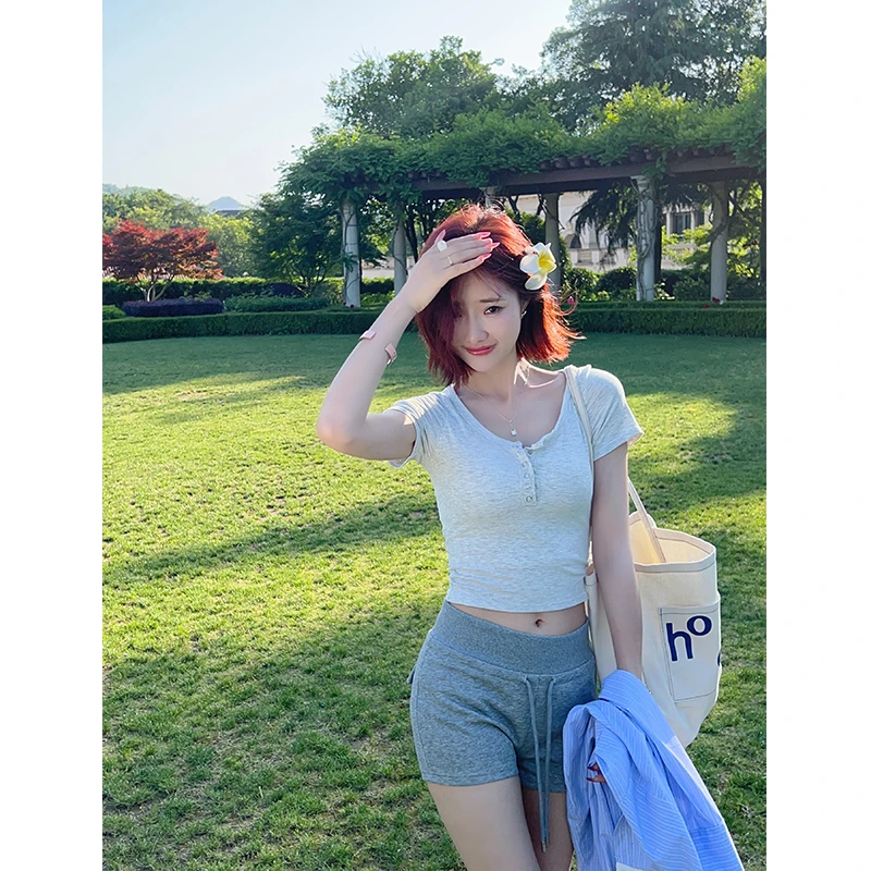 CHICHEN/晨妍  改了好多次的好穿短裤-灰色宽腰头抽绳短裤