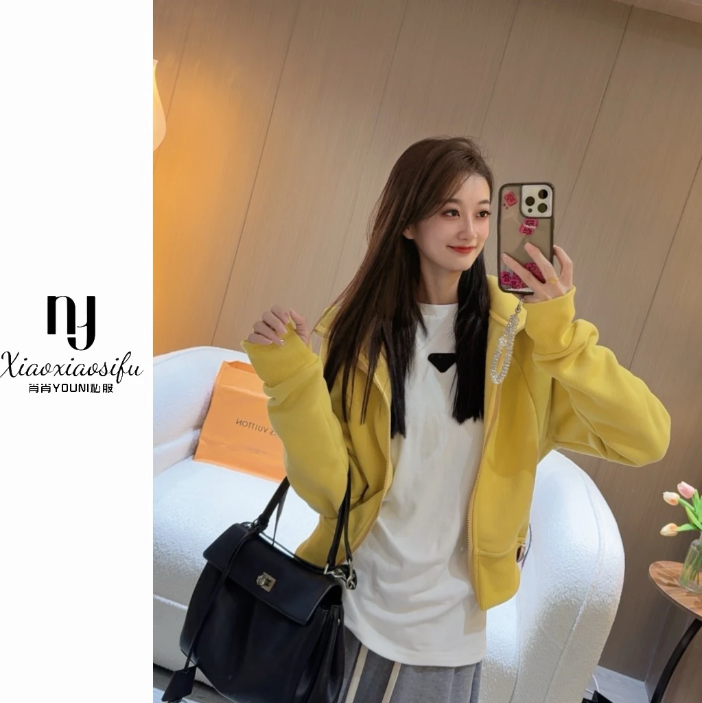 肖肖家-非你莫属 加绒加厚连帽明线短款拉链卫衣外套