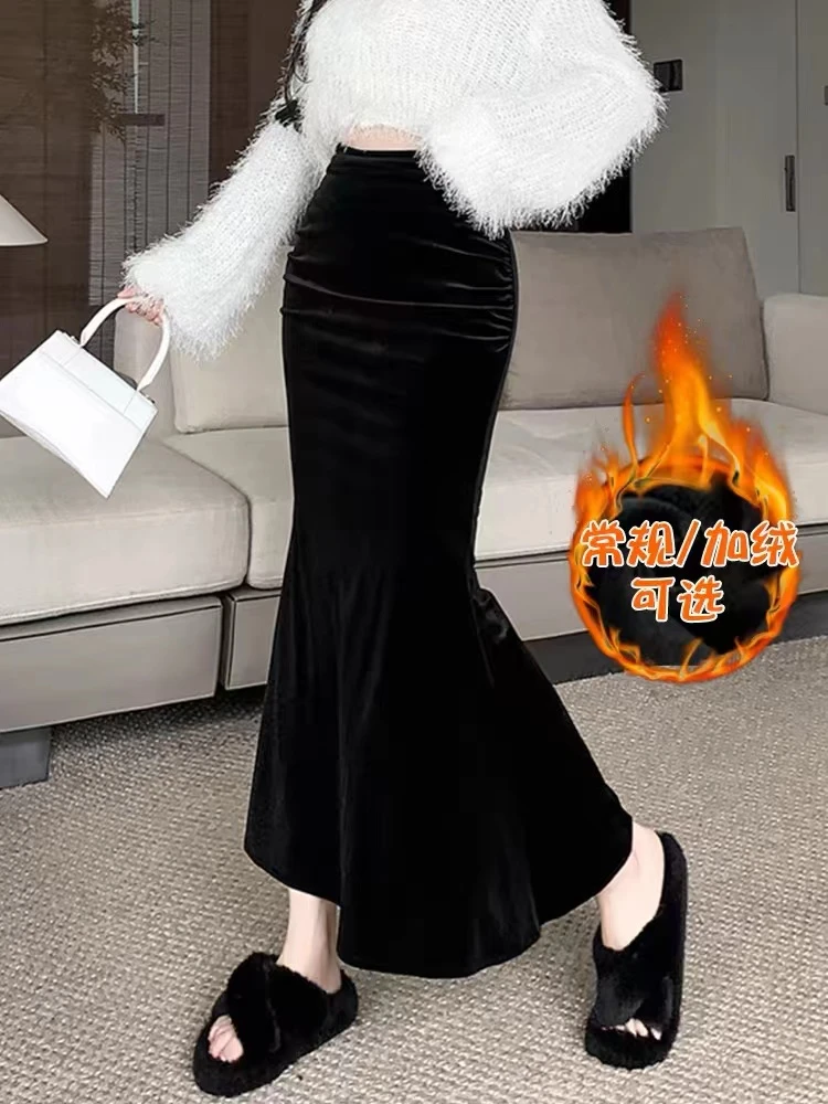 99319金丝绒褶皱半身裙女秋冬加绒加厚包臀垂坠感高腰开叉鱼尾裙