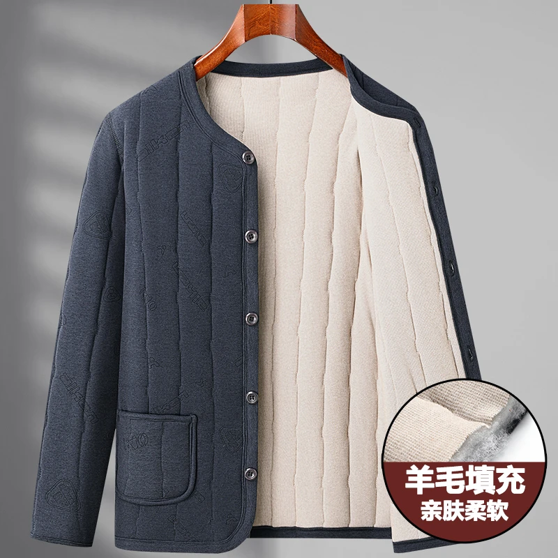 中老年三层夹棉秋冬开衫外套保暖爷爷装羊毛夹棉小棉服内穿小棉袄