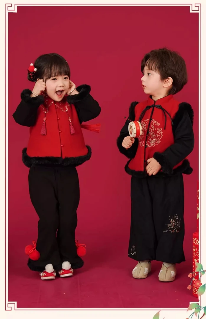 儿童过年喜庆衣服拜年女童新年汉服红色龙年冬季男童唐装拜年服