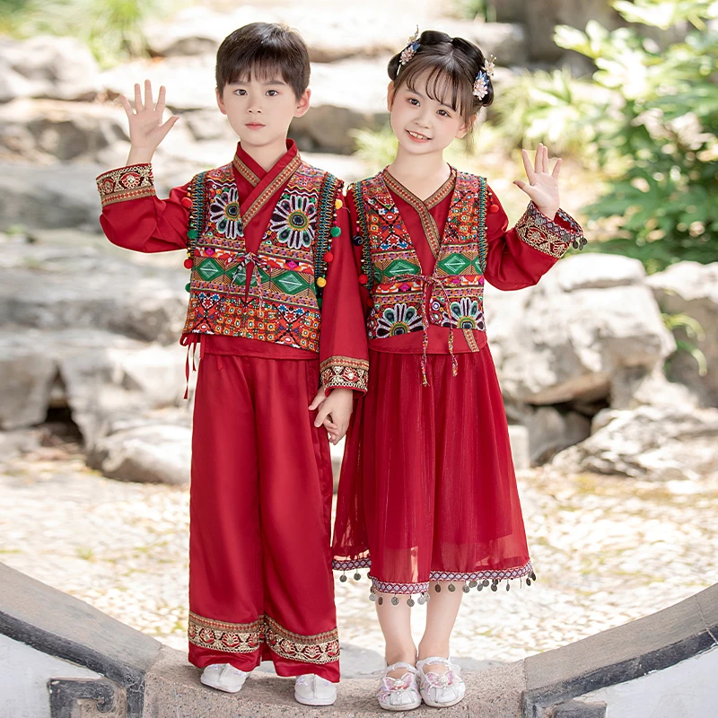 汉服男女童春秋套装儿童女孩兄妹姐弟装复古唐装红色中国风表演服