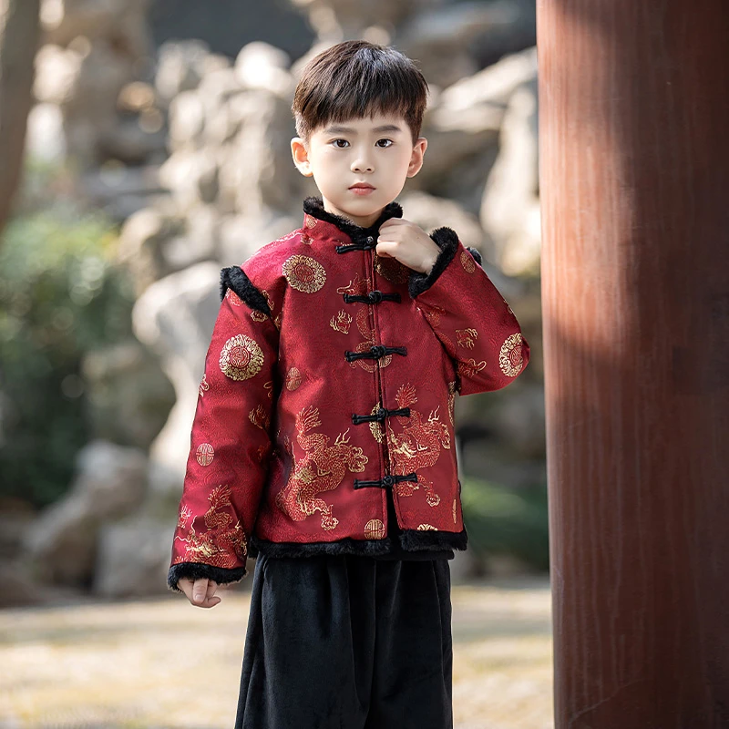 男童汉服中国风秋冬加绒加厚套装儿童中式唐装新年龙年拜年服童装