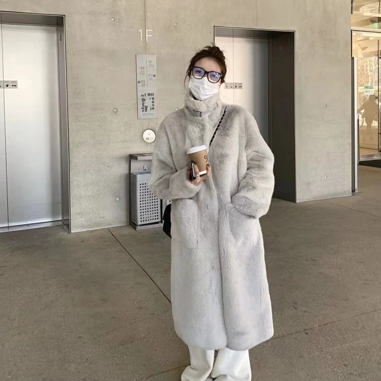 冬新款毛毛一体外套女中长款立领单排扣气质收腰绑带大衣