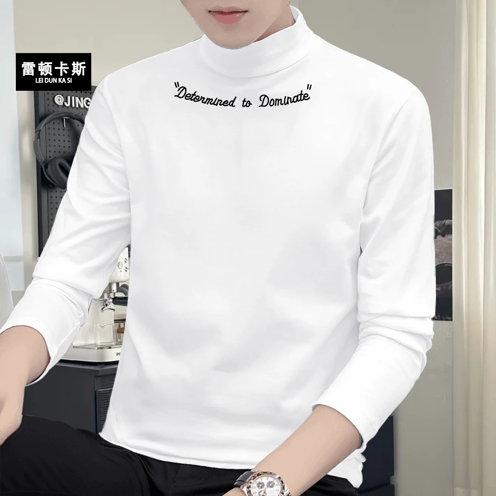 休闲潮流百搭德绒内搭打底衫男秋冬修身半高领纯色长袖t恤上衣