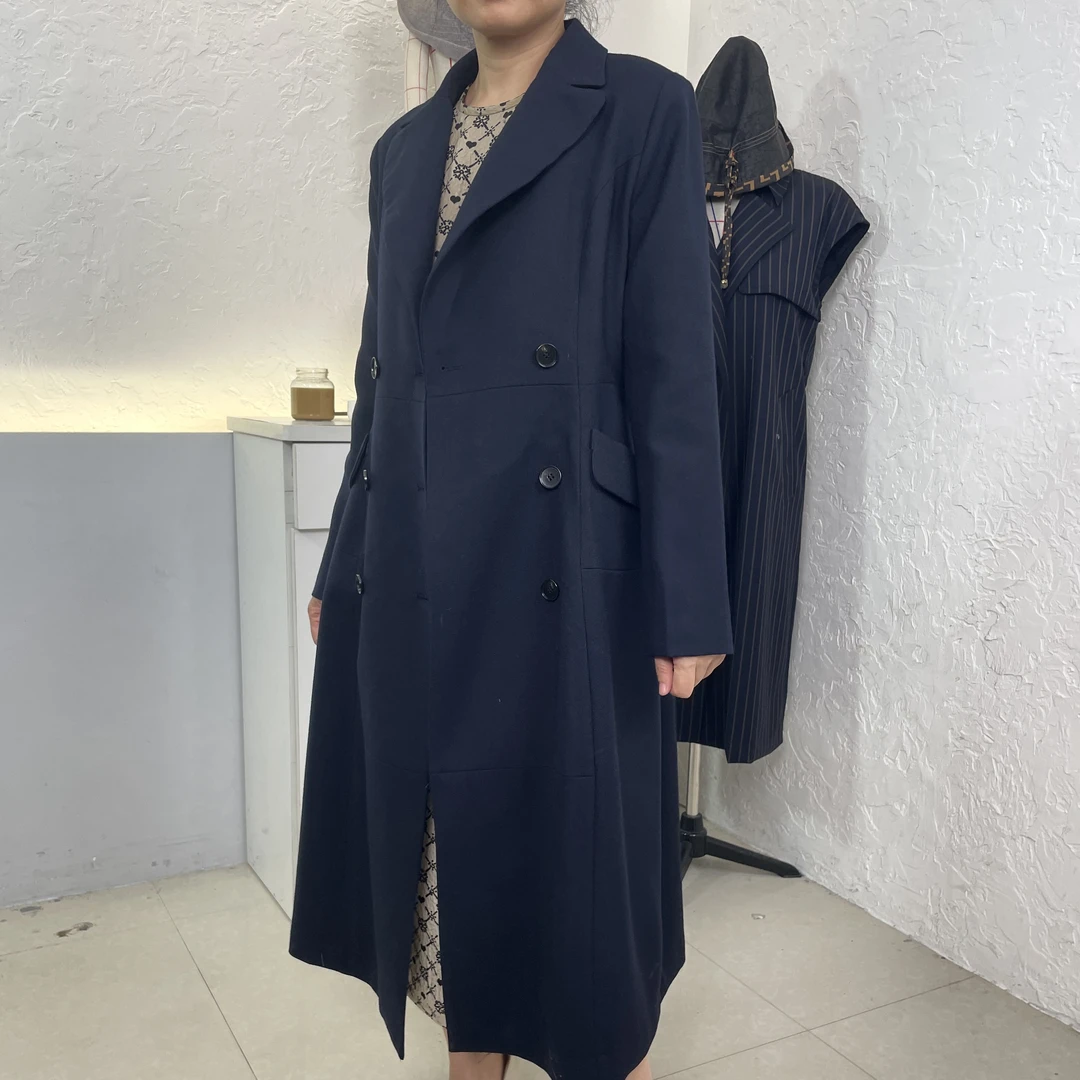 A0173藏蓝色西装领修身款羊毛风衣