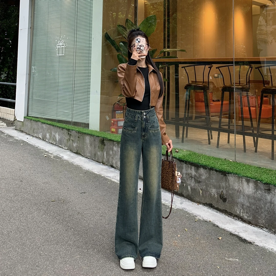 （单裤不加绒）【送腰带】秋季新款喇叭裤女宽松牛仔裤高腰显瘦长裤