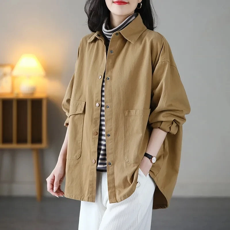 外套女文艺宽松大码显瘦休闲百搭风衣韩版2025春秋季新款长袖衬衫