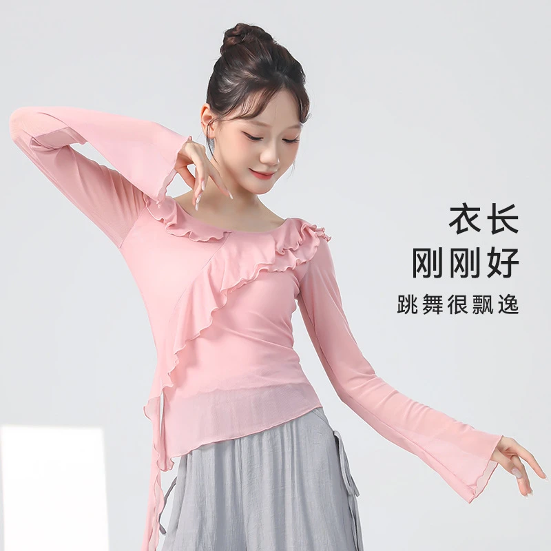 古典舞练功服女秋季飞边长袖舞蹈服上衣网纱飘逸现代舞形体演出服