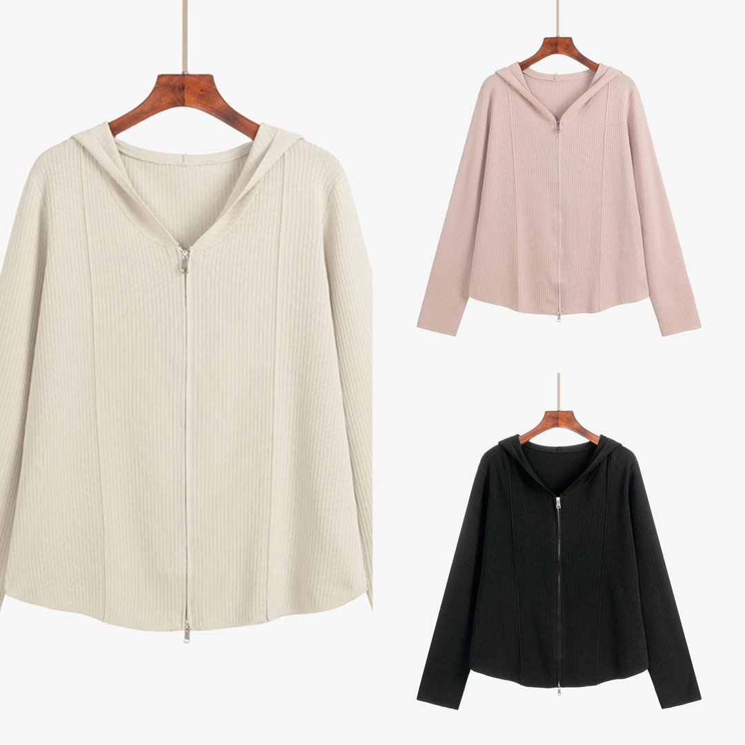 孕妇v领连帽双拉链外套上衣宽松针织开衫女潮妈