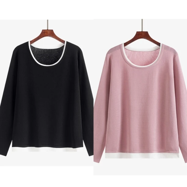 孕妇长袖春秋圆领假两件上衣宽松百搭大码撞色显瘦针织衫女潮妈