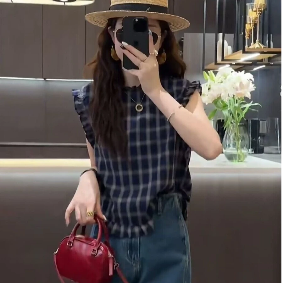 衬衫女显瘦气质洋气针织时尚休闲夏季格子网红减龄宽松圆领翻领