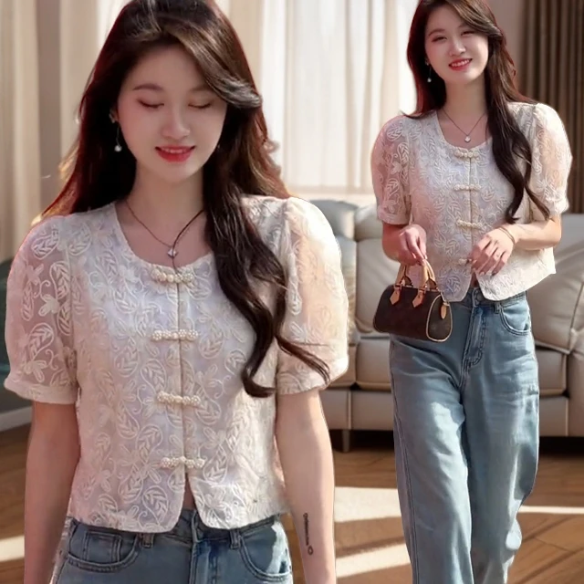 衬衫上衣夏季复古法式设计感衬衣短款时尚国风短袖镂空泡泡袖