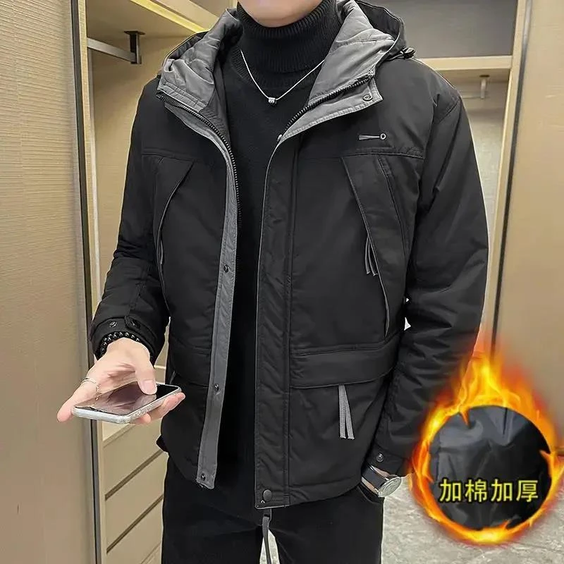 秋冬季新款加棉加厚男士外套夹克休闲连帽时尚百搭衣服保暖男装