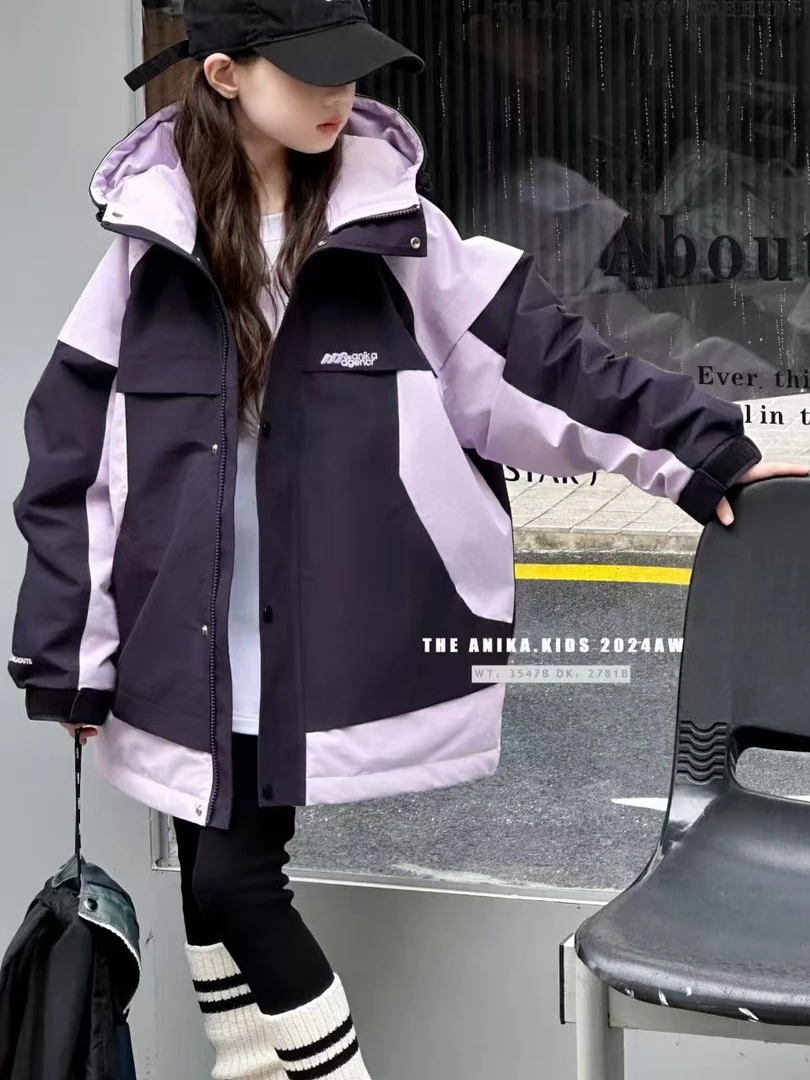 【豪宝贝】2024FW新品拼色休闲工装保暖连帽羽绒服3547