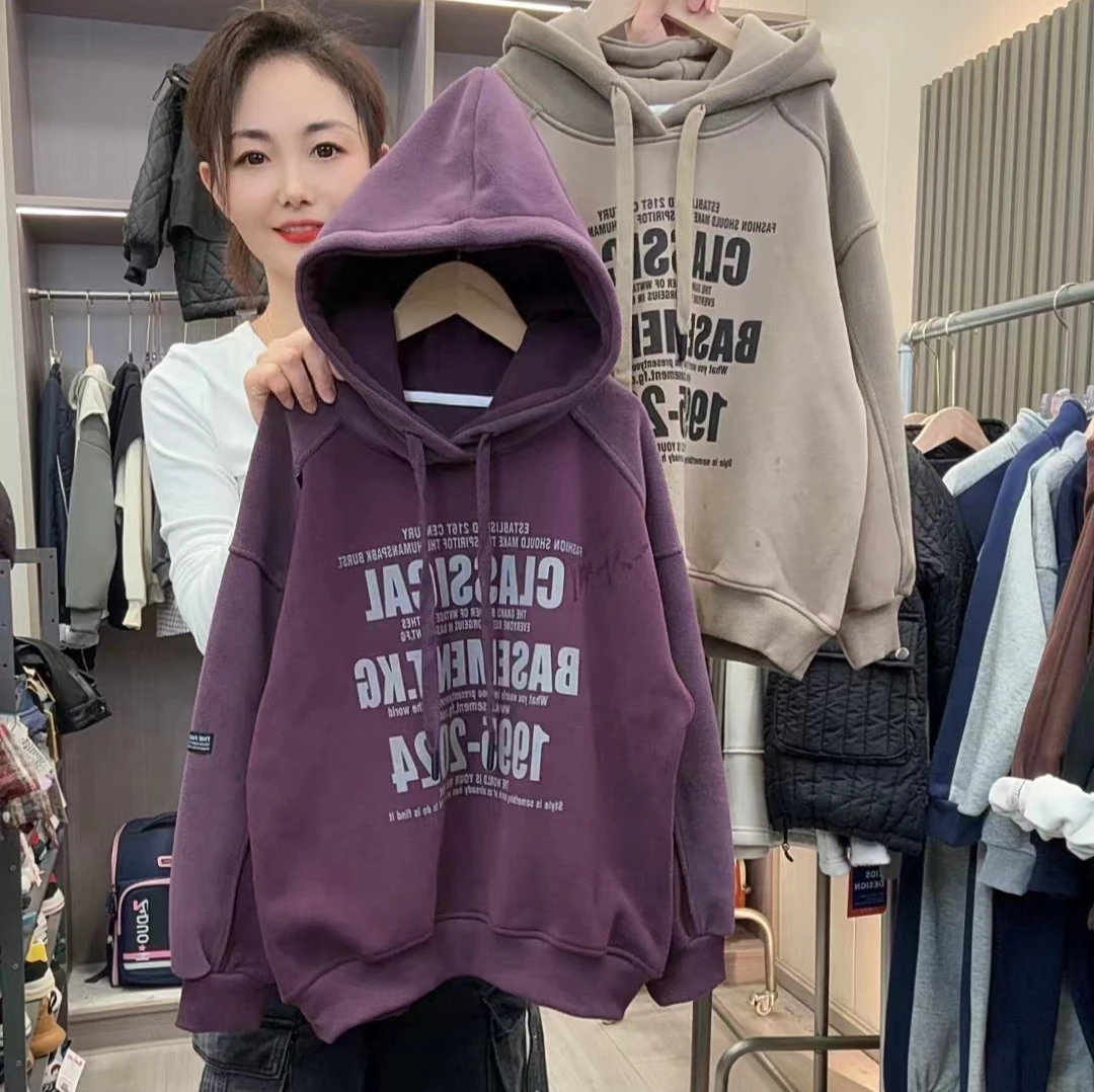 加绒连帽休闲时尚百搭宽松秋冬韩版卫衣ins带帽套头冬季加厚