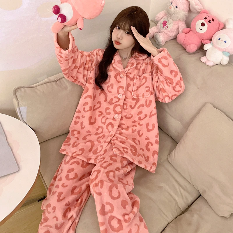 【气质豹纹】女士长袖法兰绒可外穿睡衣舒适保暖加厚套装家居服