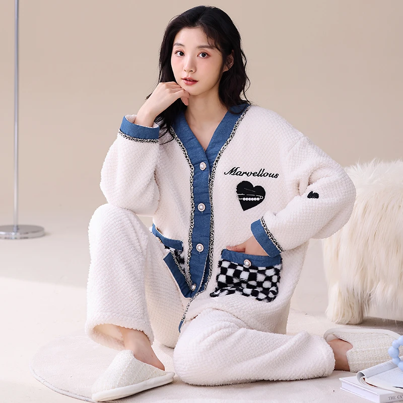 新款女生加绒加厚可外穿睡衣冬季简约宽松舒适长袖时尚套装家居服
