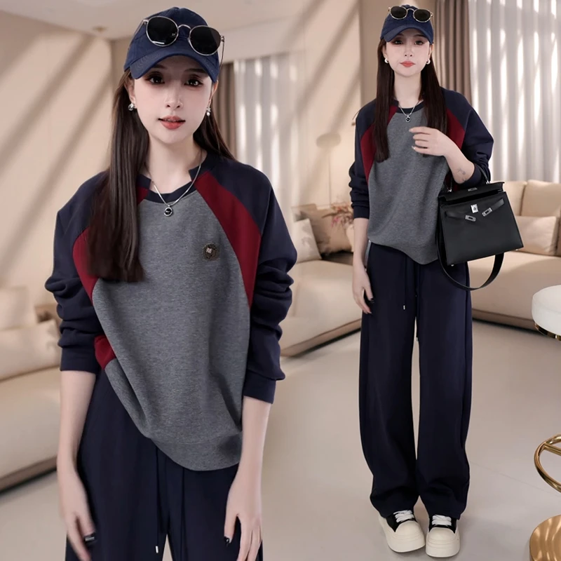 高含棉美式撞色圆领长袖卫衣女2024年秋季新款时尚洋气减龄上衣潮