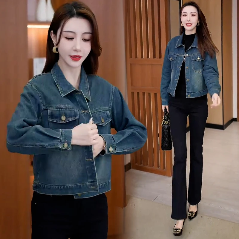 高含棉2025春秋季新款复古休闲牛仔短外套女宽松百搭减龄翻领上衣
