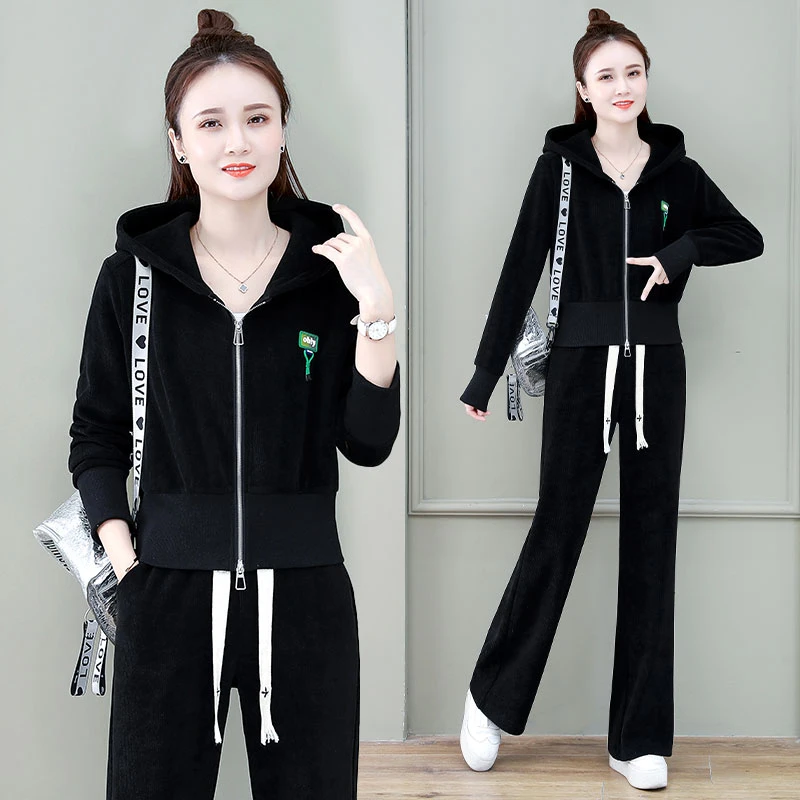 时尚休闲运动服套装女2025年春秋季新款连帽开衫卫衣阔腿裤两件套