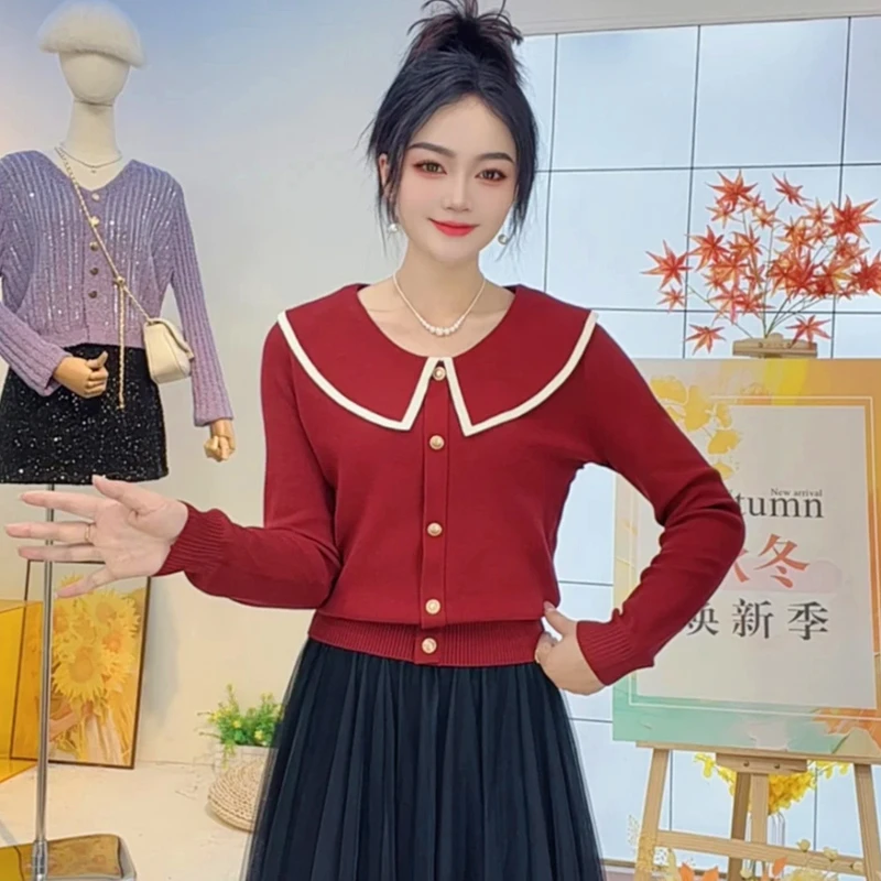 2024年秋冬新款大码女装胖mm小香风洋气显瘦娃娃领打底针织衫毛衣