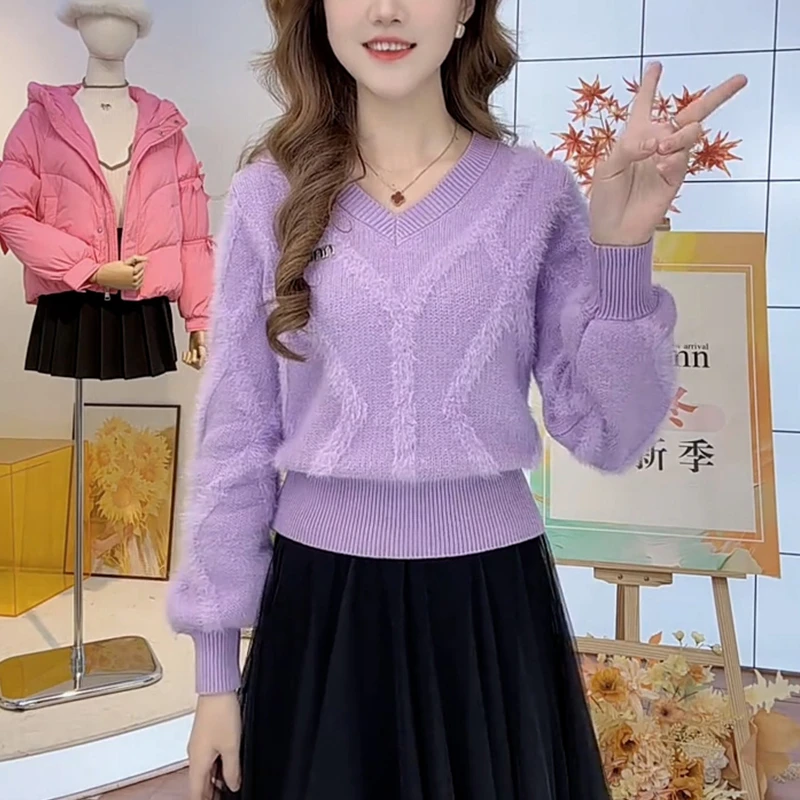 慵懒温柔风设计感V领针织毛衣女2024年秋冬新款小个子宽松上衣潮